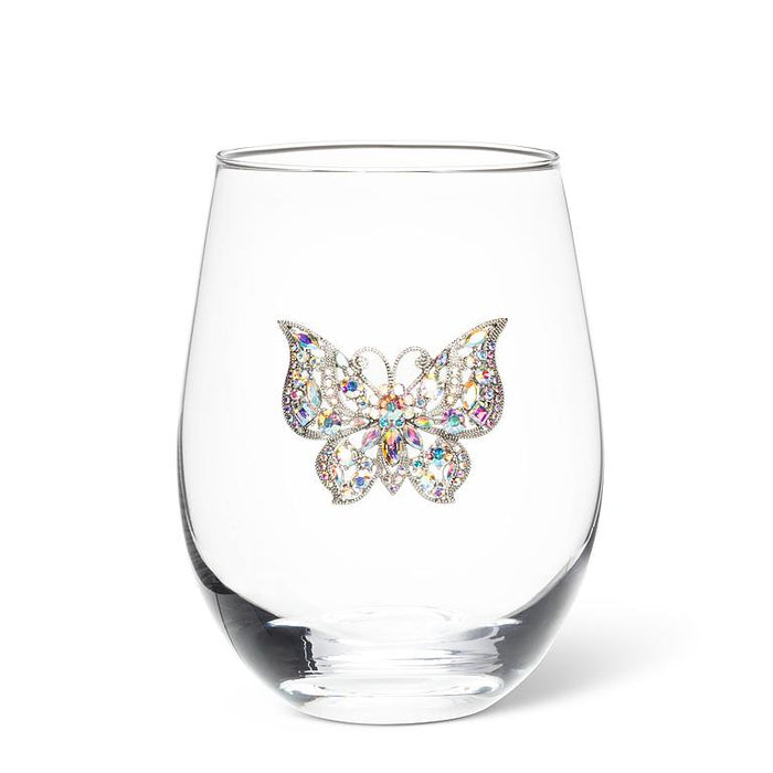 Abbott Collection Jewelled Stemless Glasses – Butterfly Design Set of 6 (16 oz) - Wine Glasses