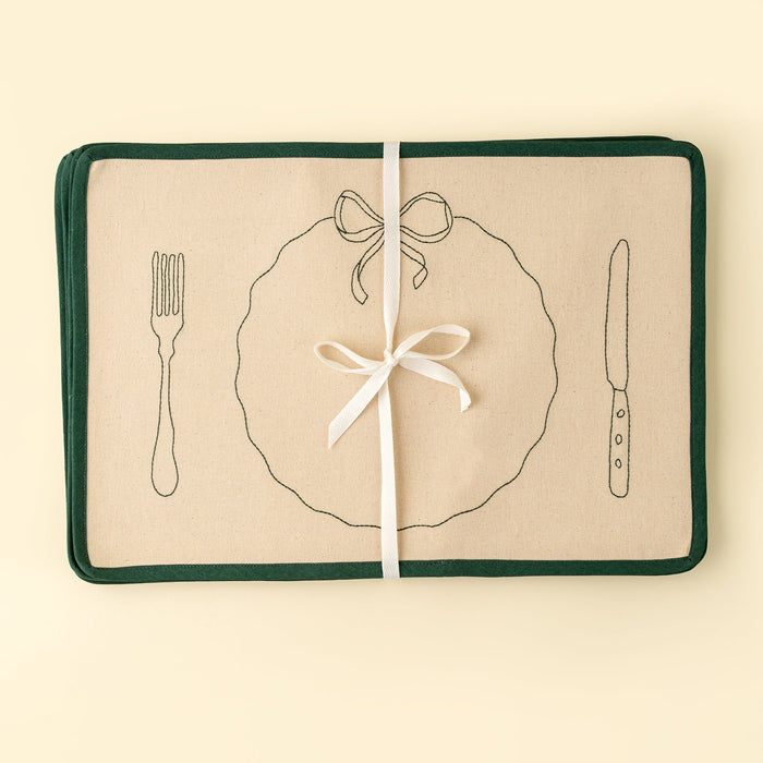 Bon Appetit Embroidered Placemats, Green | Set of 4