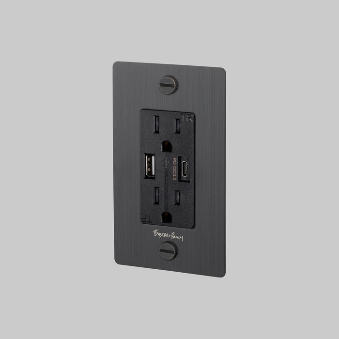 Buster + Punch 1-Gang Duplex Outlet with USB-A & USB-C – Cross - Smoked Bronze / With Logo - 1G USB A + C Outlets