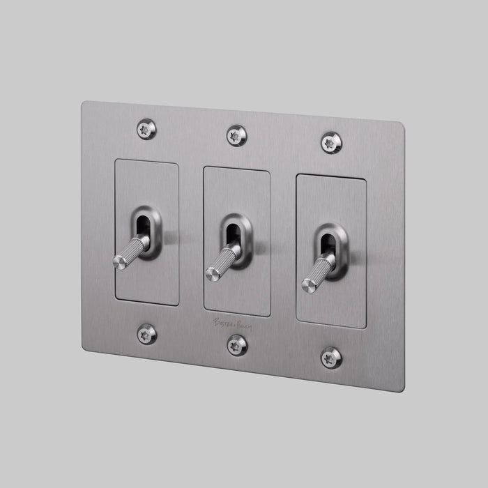 Buster + Punch 3-Gang Toggle Switch – Linear - Steel / With Logo - 3G Toggle