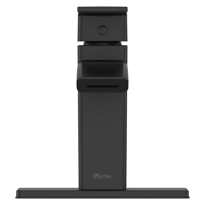 Front View: "Pfister Kenzo single-control bathroom faucet in matte black, featuring a sleek rectangular spout and flat handle in a bold modern design.