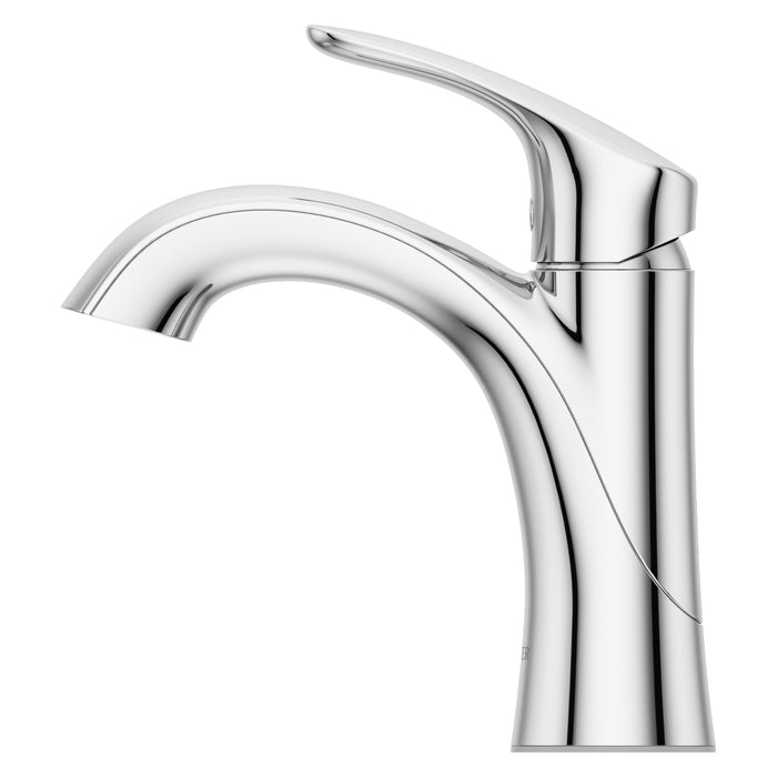Pfister Weller single-control bathroom faucet in polished chrome, side view showcasing the sleek profile and angled spout design.