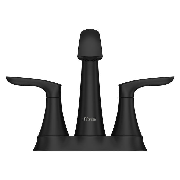 Pfister Weller 2-handle 4-inch centerset bathroom faucet in matte black, front view showcasing its bold finish, arched spout, and minimalist handles.