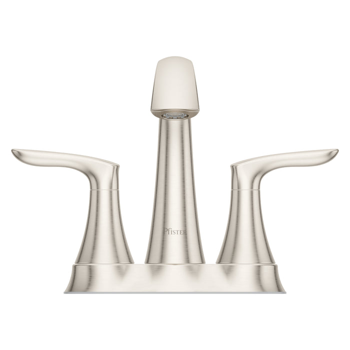 Pfister Weller 2-handle 4-inch centerset bathroom faucet in brushed nickel, front view highlighting its soft finish, arched spout, and modern lever handles.