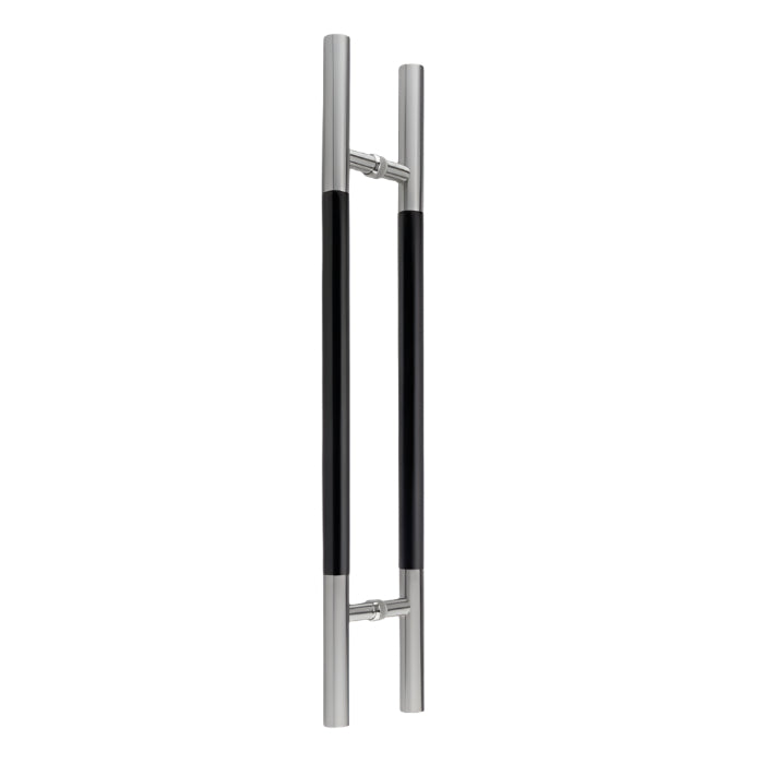 Richelieu 705 ladder pull with black wood insert for glass and wood doors, front view of 36 inch handle in stainless steel.