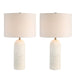 Two table lamps with white ceramic bases and white lampshades on a white background