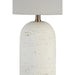 Table lamp with textured white base and beige lampshade on a white background