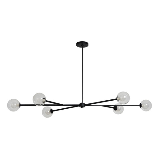 Modern black chandelier with multiple spherical glass shades on a white background