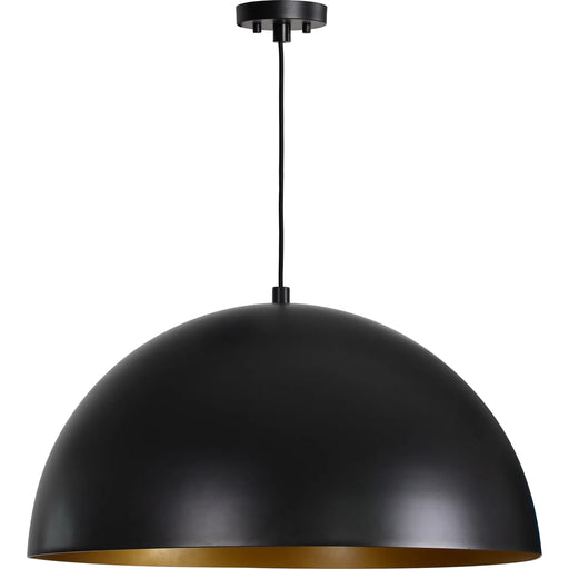 Black pendant light with gold interior on a white background
