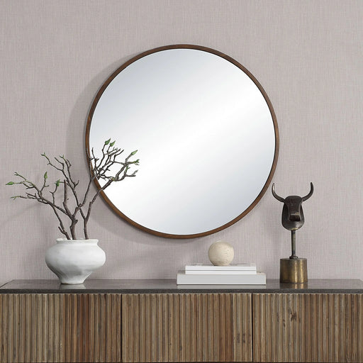 Renwil Modi Round Wall Mirror – Walnut-Finished Mimosaceae Wood - Wall Mirror