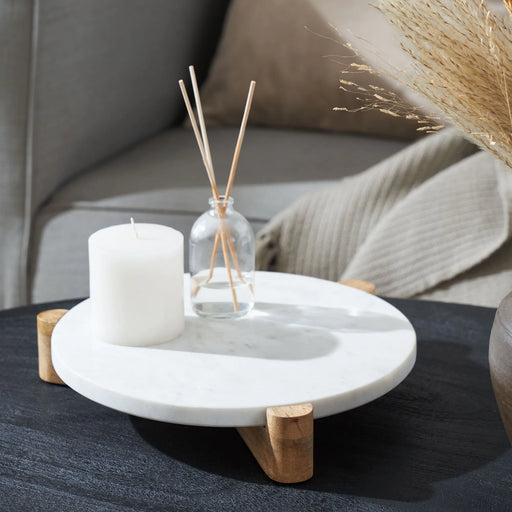 Renwil Lance Marble Tray – White & Light Brown Wood - Decorative Tray