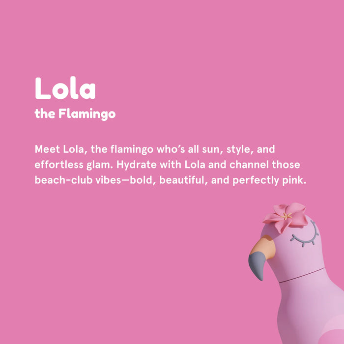 ASOBU Besties Lola Flamingo bottle with collectible silicone flamingo topper feature graphic