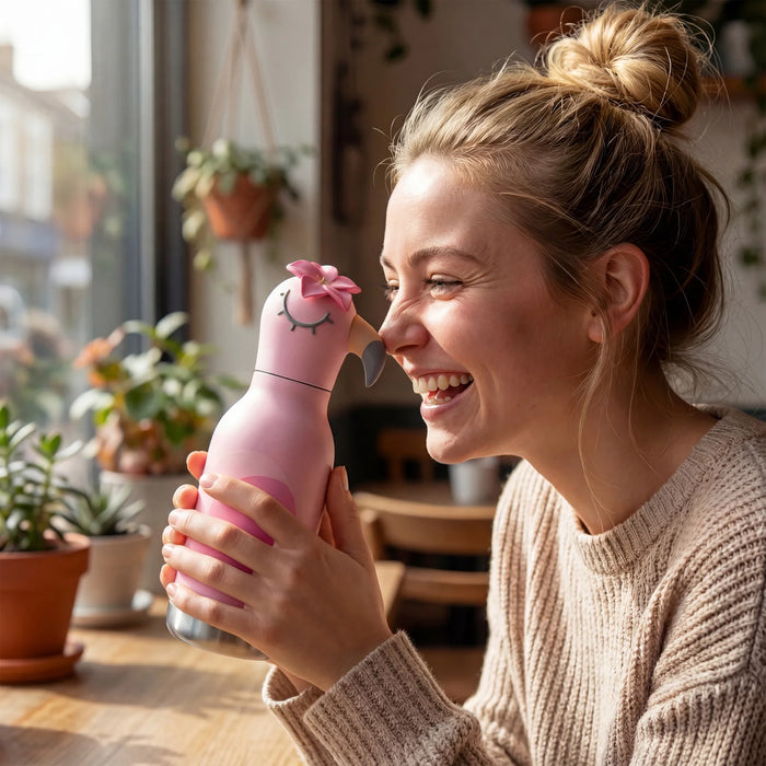 ASOBU Besties Lola Flamingo insulated water bottle in a lifestyle setting