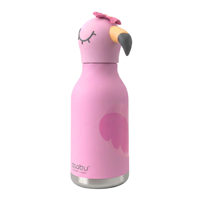 Side view of the ASOBU Besties Lola Flamingo insulated stainless steel water bottle