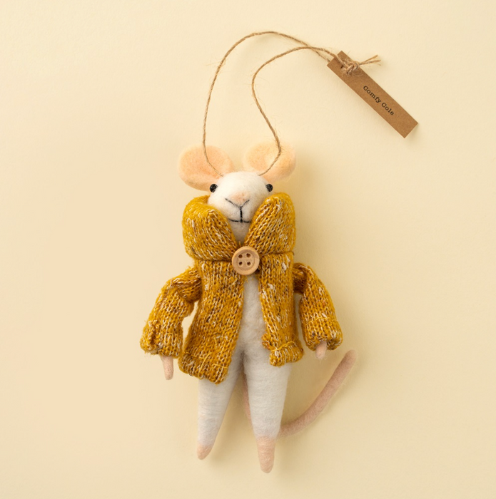 Comfy Cole cream mouse ornament wearing a mustard yellow knitted cardigan with a large collar and button, finished with a hanging loop.