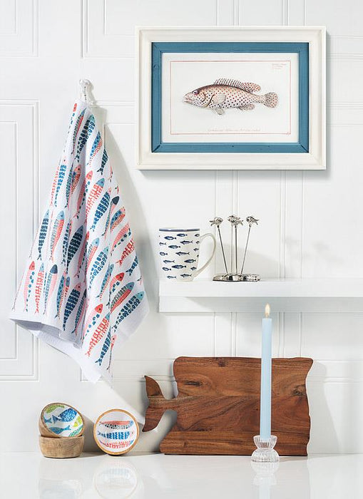 Fish kitchen towel hanging on wall coastal kitchen decor blue red fish pattern