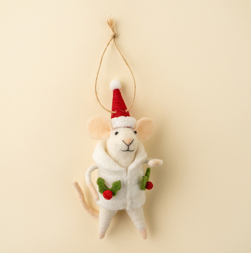 Cream mouse ornament wearing a red Santa hat and a hooded coat decorated with green holly leaves and red berries