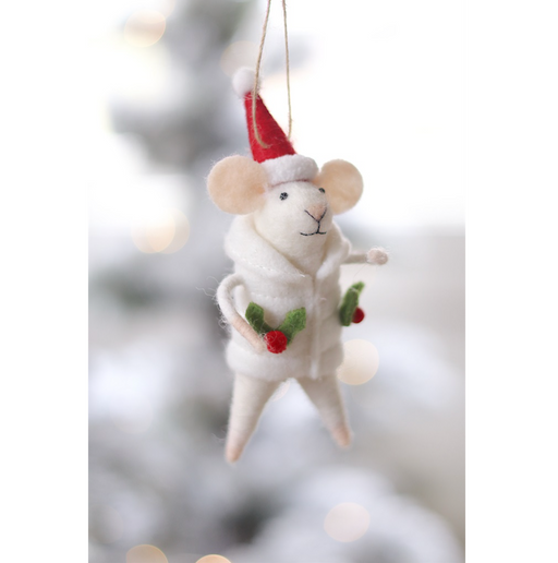 Hanging Cream mouse ornament wearing a red Santa hat and a hooded coat decorated with green holly leaves and red berries