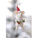 Hanging Cream mouse ornament wearing a red Santa hat and a hooded coat decorated with green holly leaves and red berries