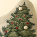 Close-up of embroidered green branches with red decorations and raised cream embellishments on the Christmas tree pillow