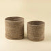 Two cylindrical natural seagrass baskets in different sizes with white zigzag stitching