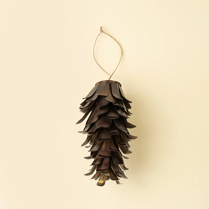 Single Indaba bronze pinecone ornament with overlapping iron scales and a natural hanging loop