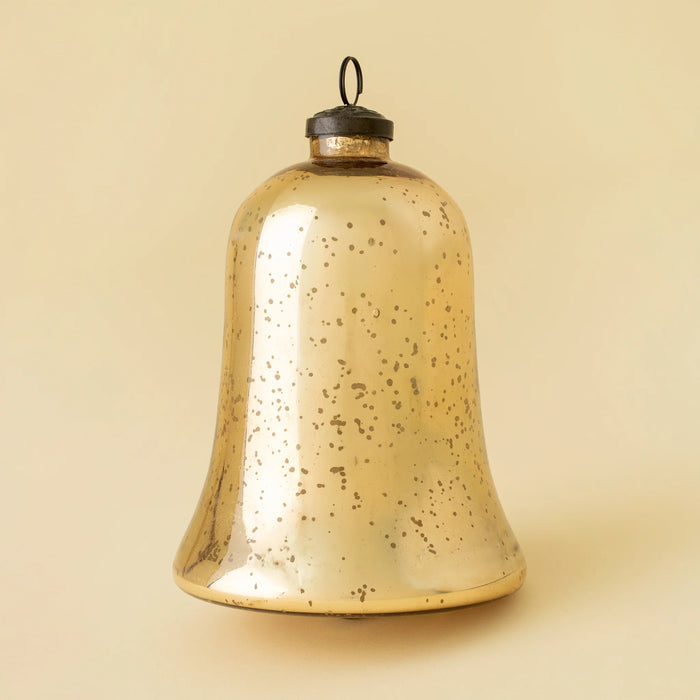 Large elongated gold glass bell ornament with a flared base, speckled mercury finish and dark metal hanging ring
