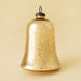 Large elongated gold glass bell ornament with a flared base, speckled mercury finish and dark metal hanging ring