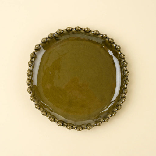 Indaba Merida green stoneware dessert plate with a glossy glaze and decorative hobnail rim