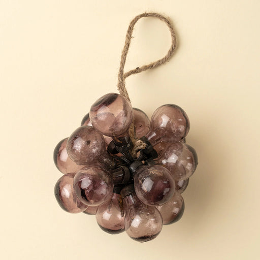 Indaba plum bubble bunch ornament with rounded glass droplets, dark metal caps and a twine hanging loop