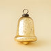 Small gold glass bell ornament with a speckled mercury finish and dark metal hanging ring