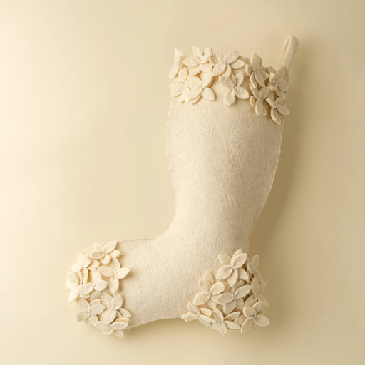 Cream Winter Bloom Christmas stocking with raised felt flowers around the cuff, heel and toe