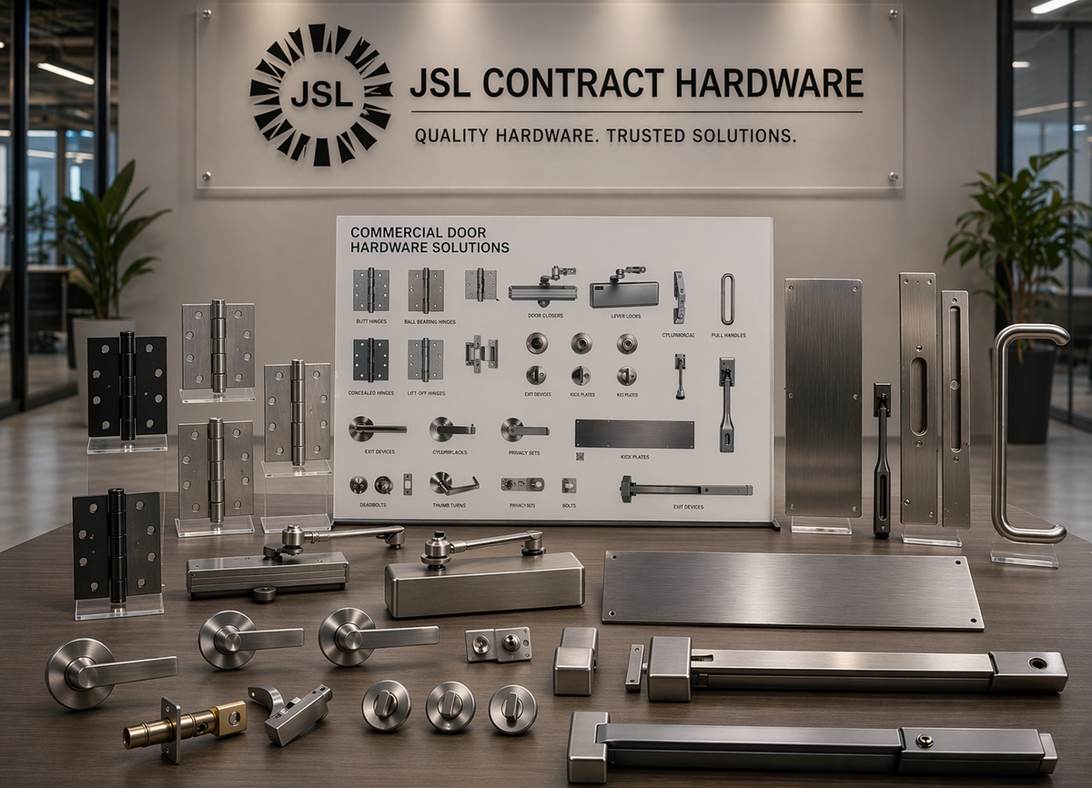 JSL Contract Hardware display with various hardware components on a wooden surface, branded wall in the background.