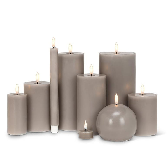 Luxlite Moon Grey flameless LED taper and pillar candle collection