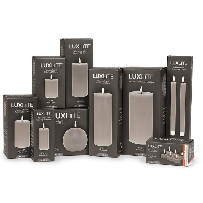 Luxlite Moon Grey flameless LED candle collection with retail packaging
