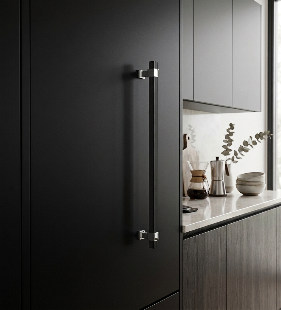 Richelieu 8747 modern fluted appliance pull in matte black and chrome installed vertically on a dark kitchen cabinet panel