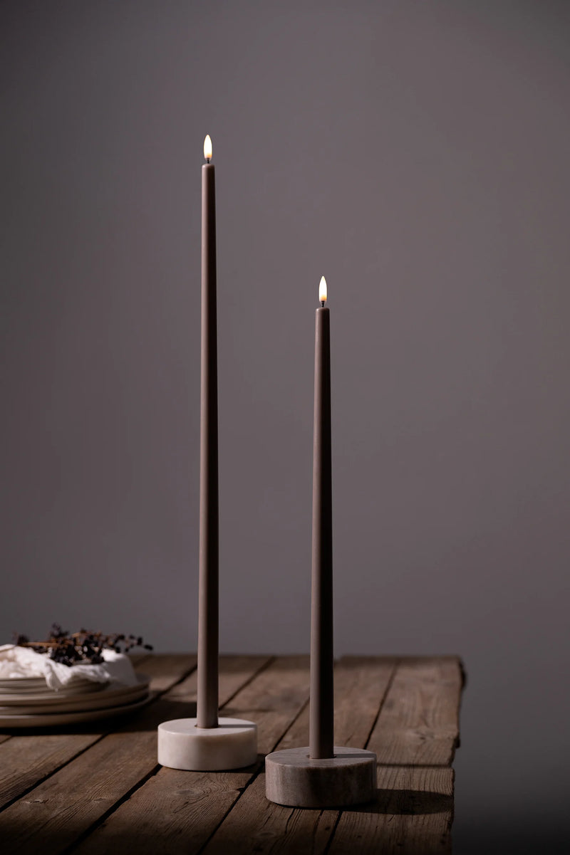 Uyuni LED tall taper candle set in sandstone with marble bases and realistic 3D flame